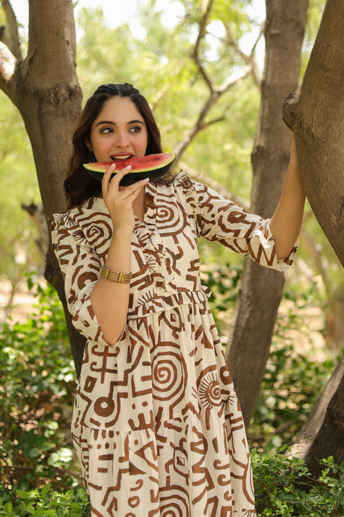 Women Abstract Printed Pure Cotton Tiered Fit & Flare Midi Dress